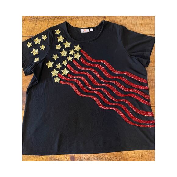 Womens Quacker Factory Fourth Of July Gold Stars Red‎ Stripes Sequin Blouse 2X - Picture 1 of 7